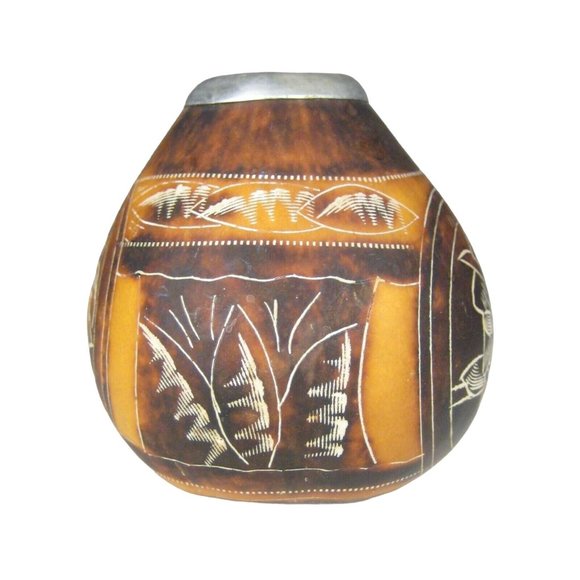 Art Gourd Vase Bowl Argentina  Carved Designs Birds House Trees Person 2.8 inch - Picture 2 of 9